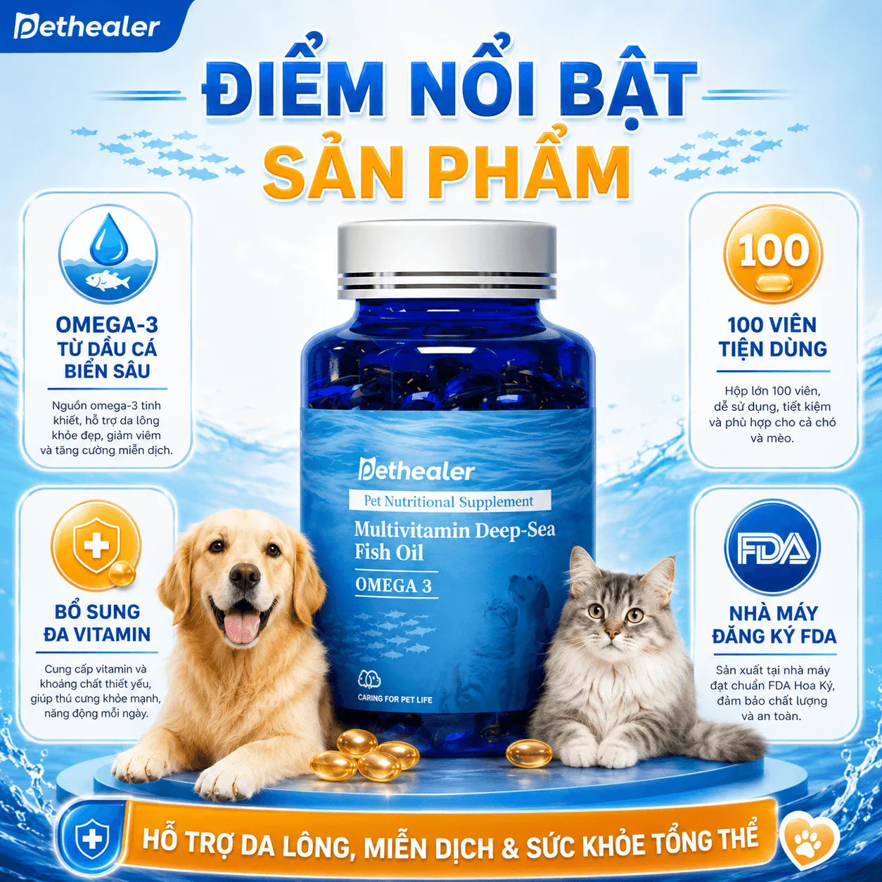 Pethealer Omega Fish Oil supports skin and coat health