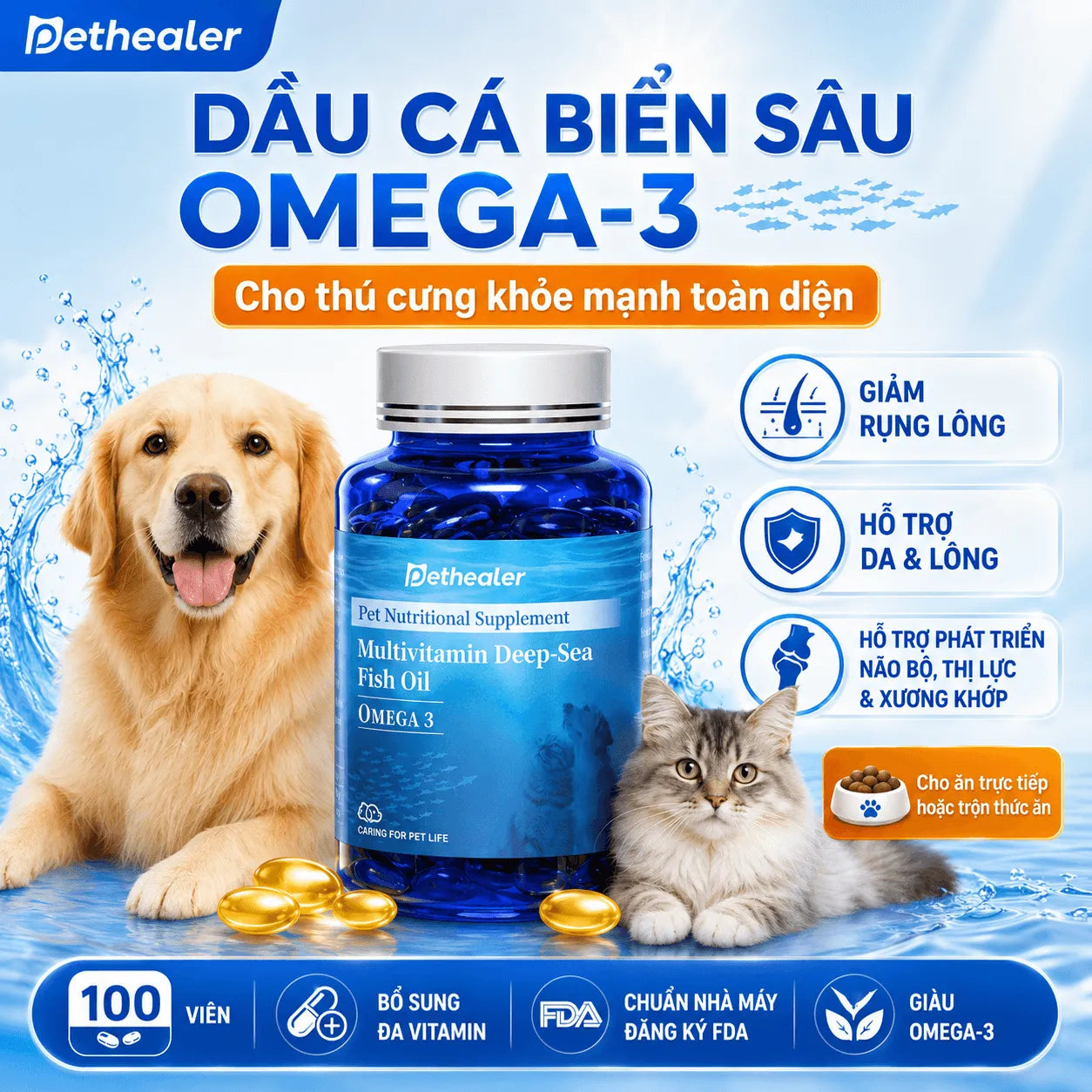 Pethealer Omega Fish Oil supports skin and coat health