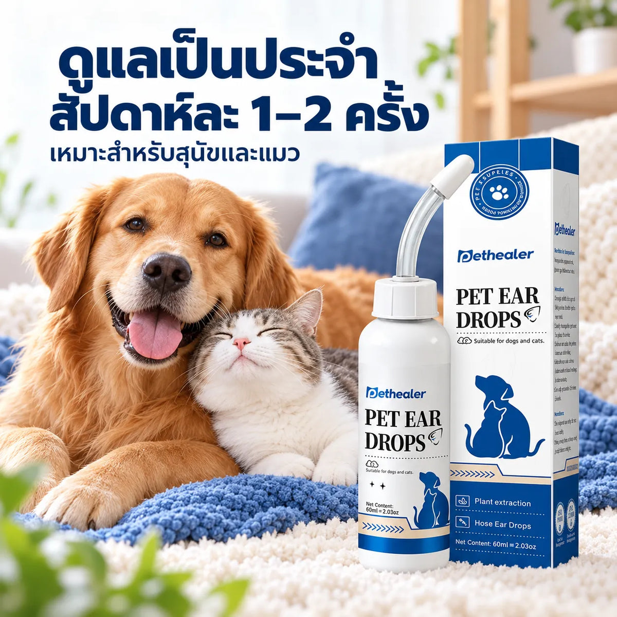 PETHEALER น้ำยาทำความสะอาดหูสัตว์เลี้ยง 60 มล. สำหรับสุนัขและแมว