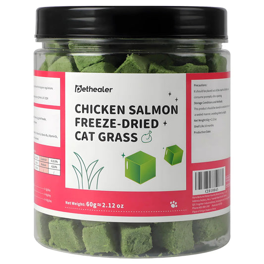 Pethealer Chicken & Salmon Freeze-Dried Cat Grass Bites for Cats – 60g