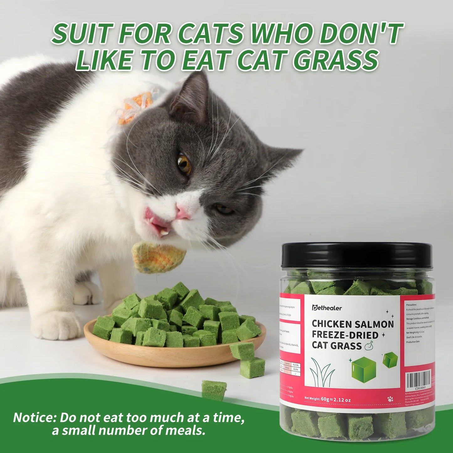 Pethealer Chicken & Salmon Freeze-Dried Cat Grass Bites for Cats – 60g