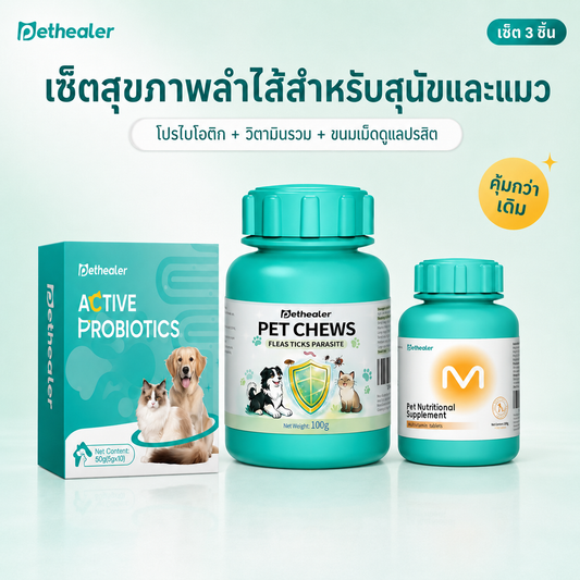 Pethealer ชุดดูแลระบบย่อยอาหารสำหรับสุนัขและแมว | โปรไบโอติก + วิตามินรวม + ขนมเคี้ยวบำรุงประจำวัน