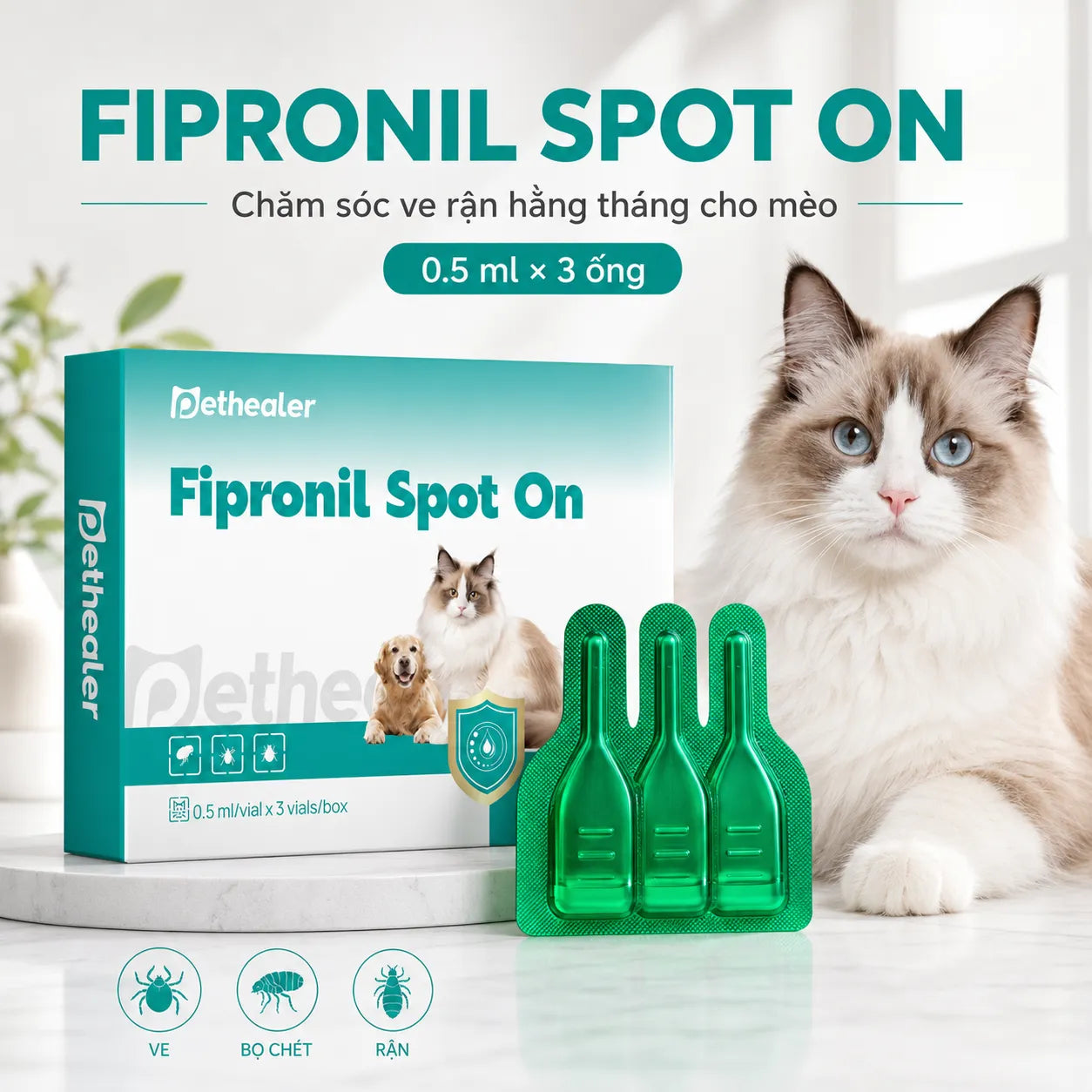 Thuốc nhỏ trị bọ chét và ve Pethealer Fipronil dành cho mèo.