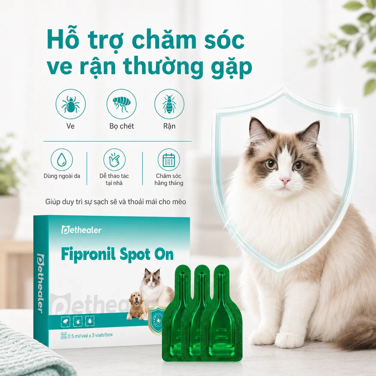 Thuốc nhỏ trị bọ chét và ve Pethealer Fipronil dành cho mèo.