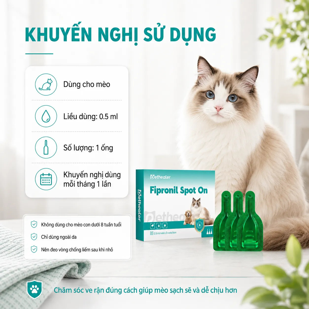 Thuốc nhỏ trị bọ chét và ve Pethealer Fipronil dành cho mèo.