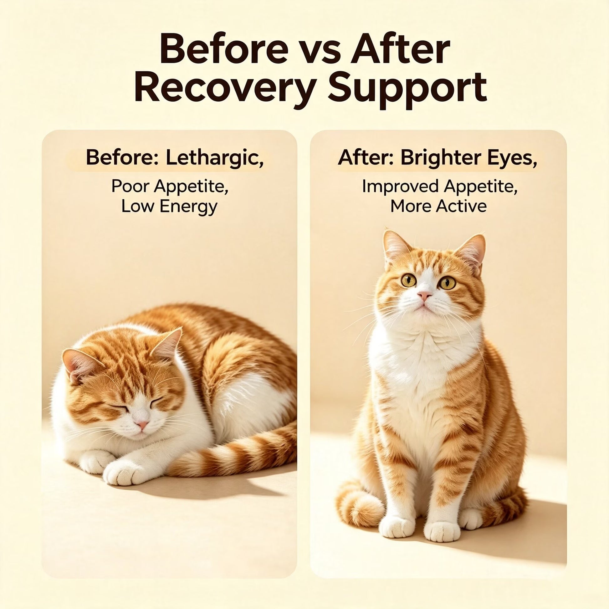 Before and after comparison chart of cat recovery support supplement, improve cat appetite, energy and vitality, relieve lethargy