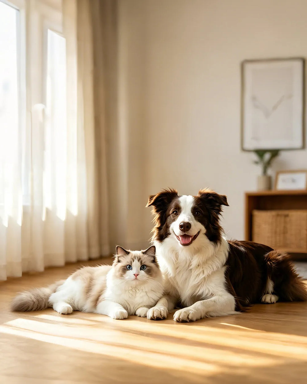Border collie and ragdoll cat, cozy home pet banner, dog and cat in sunlit living room