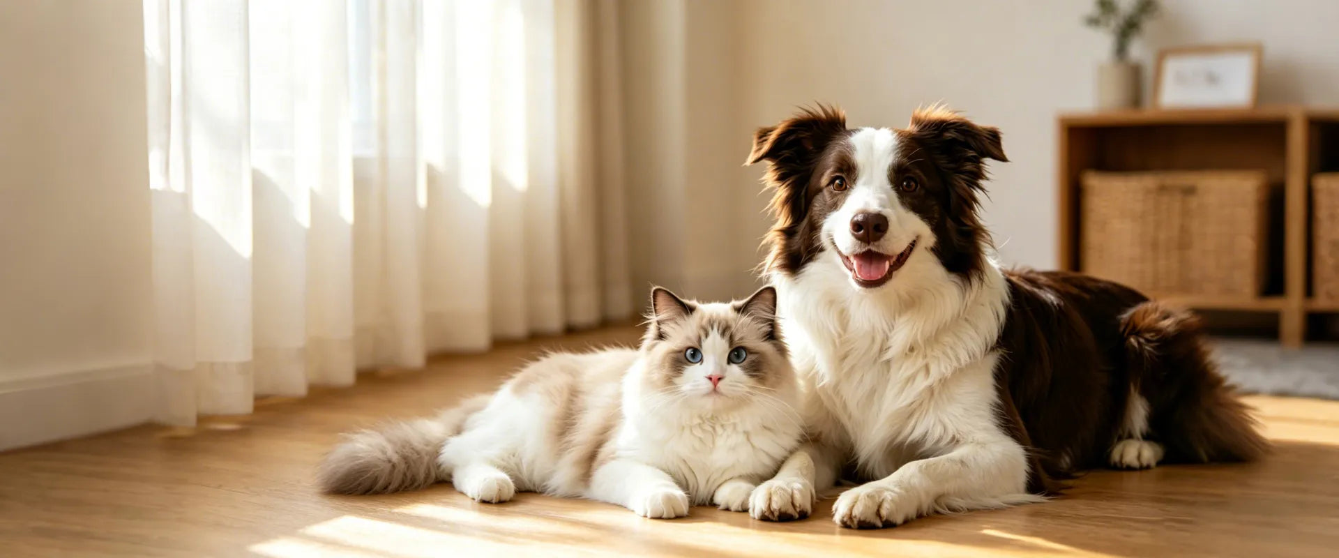 Border collie and ragdoll cat, cozy home pet banner, dog and cat in sunlit living room