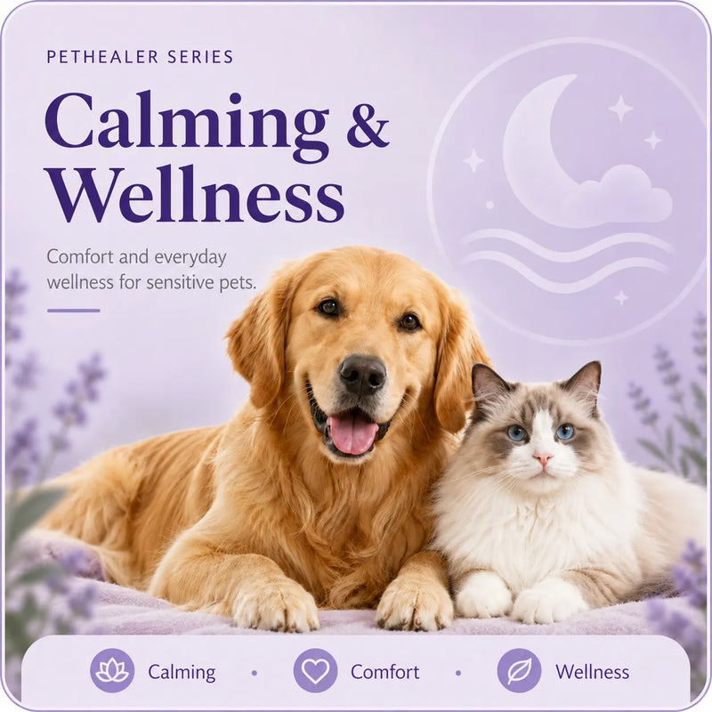 Pethealer calming & wellness banner, golden retriever dog and ragdoll cat, pet calming comfort wellness supplement for sensitive dogs and cats