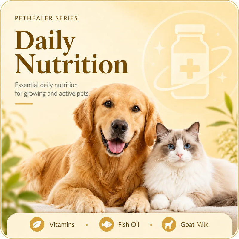 PetHealer daily nutrition banner, golden retriever dog and ragdoll cat, pet vitamins fish oil goat milk nutrition supplement for dogs and cats