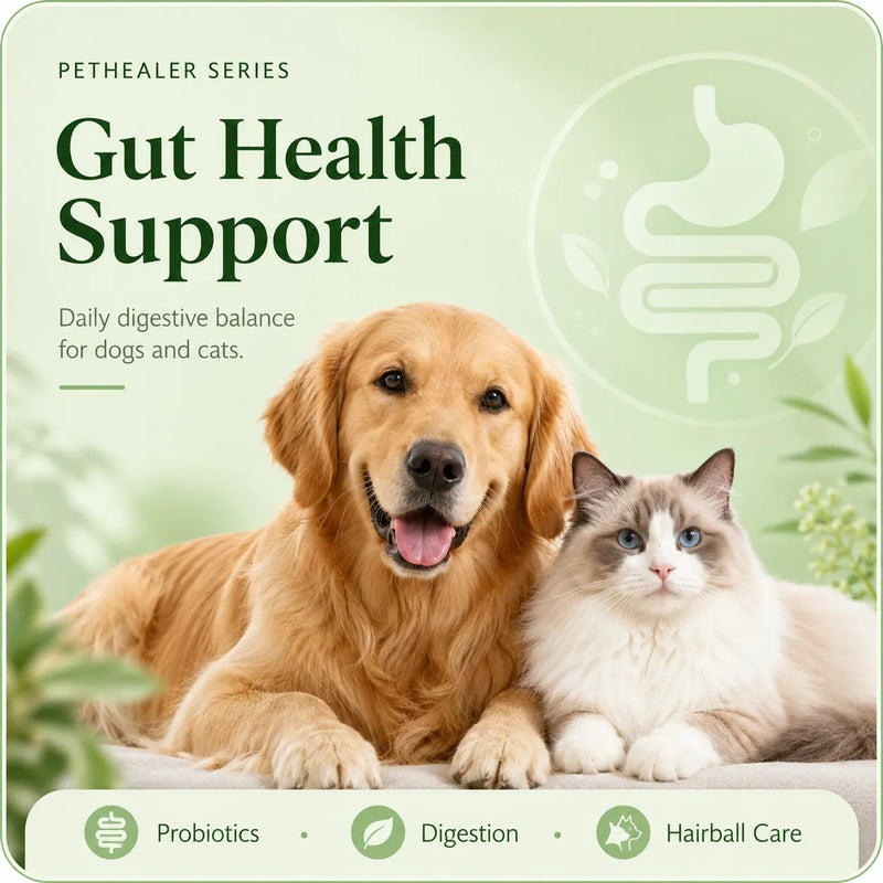 Pethealer gut health support graphic, golden retriever dog and ragdoll cat, daily digestive balance, probiotics digestion hairball care for dogs and cats