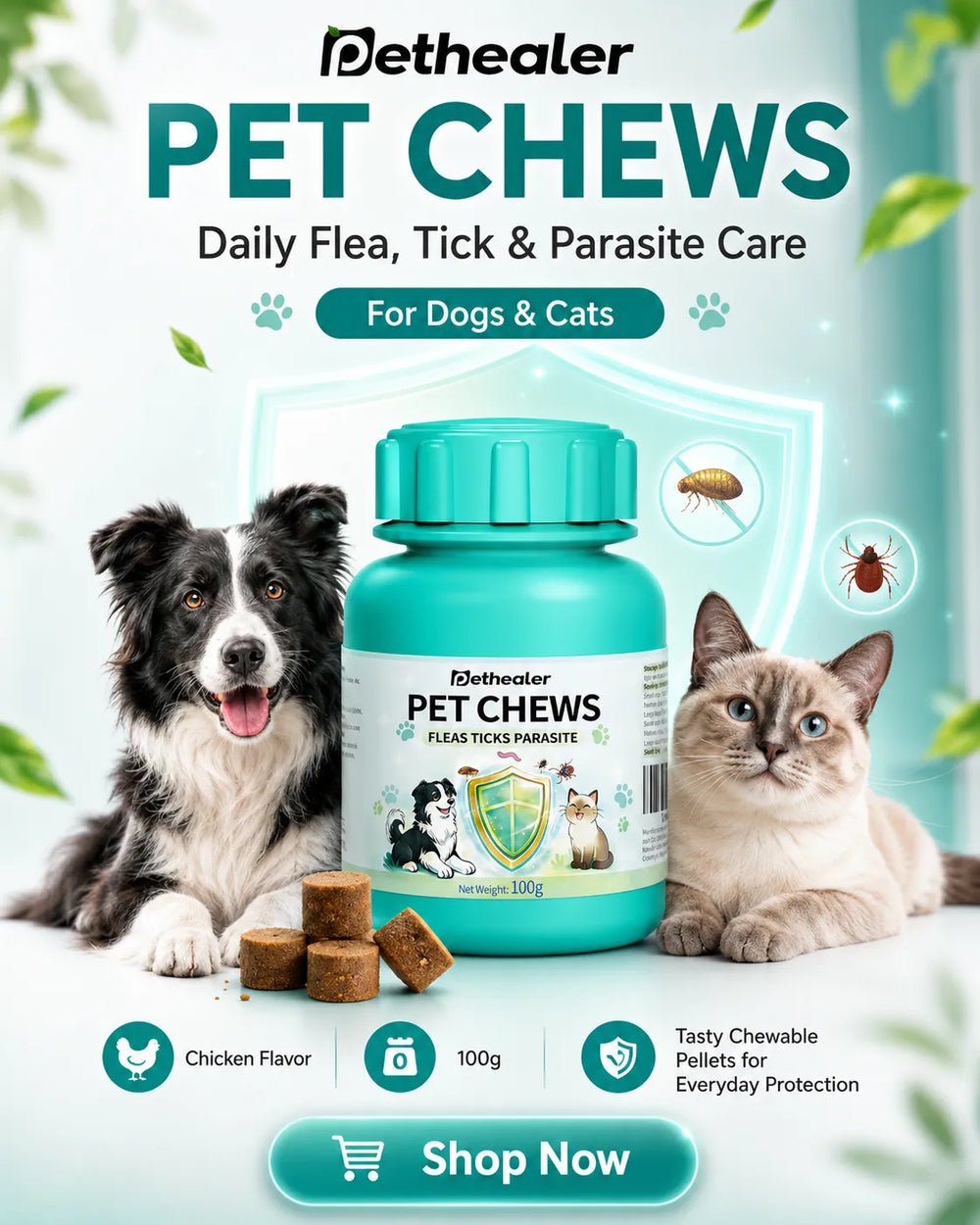 PetHealer parasite protection chews banner, daily flea and tick care treats for dogs and cats