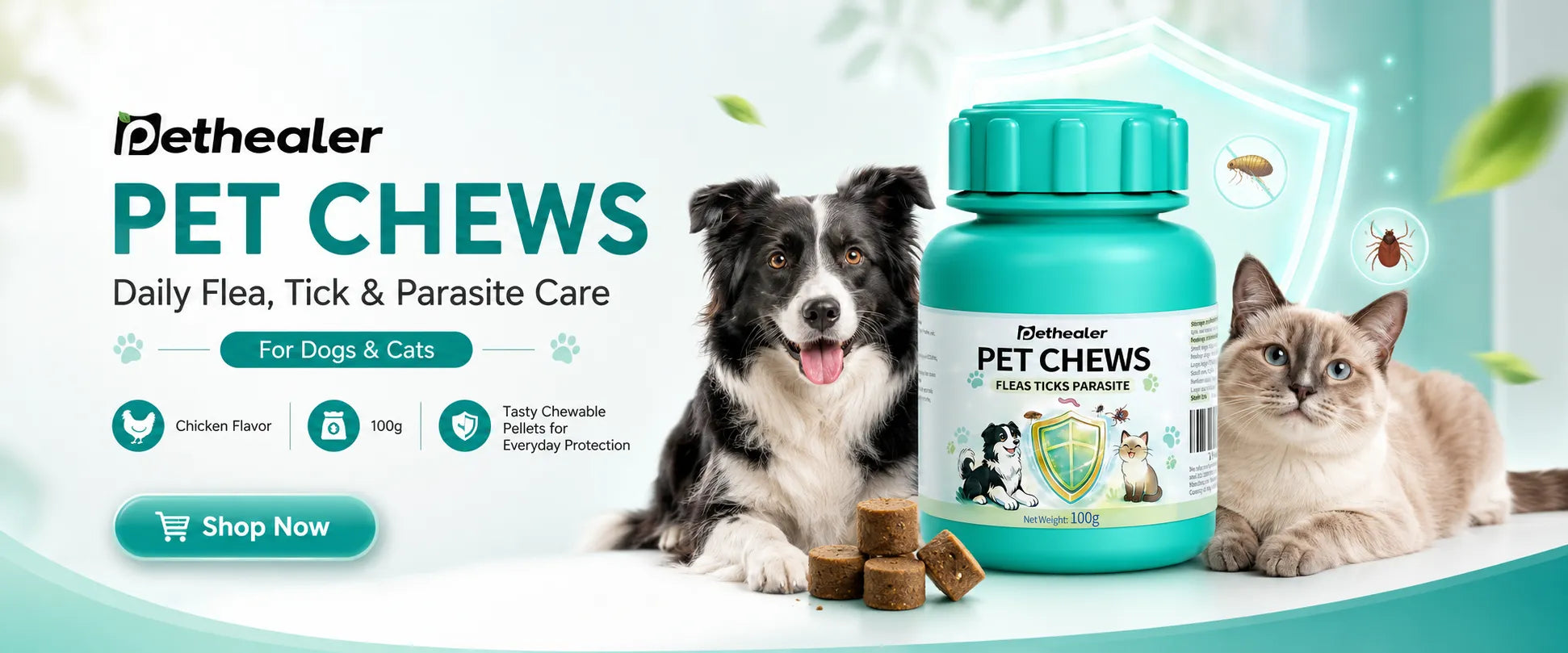 Pethealer parasite protection chews banner, daily flea and tick care treats for dogs and cats
