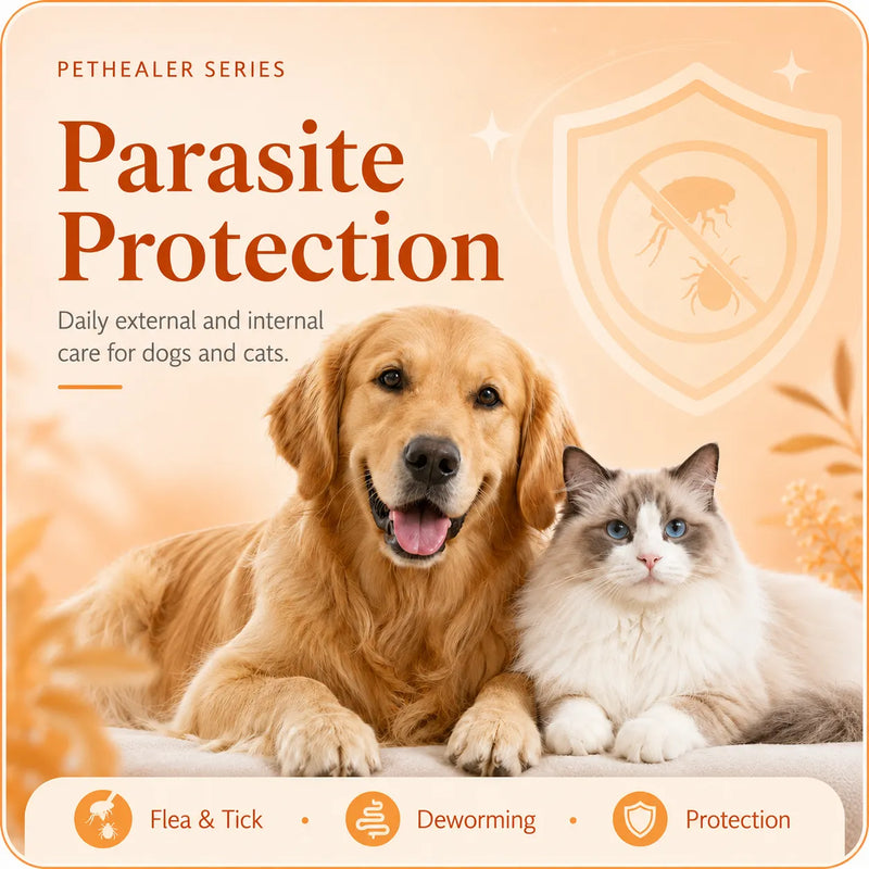 Pethealer parasite care products featuring a golden retriever dog and ragdoll cat, supporting daily flea, tick and internal parasite care for cats and dogs.