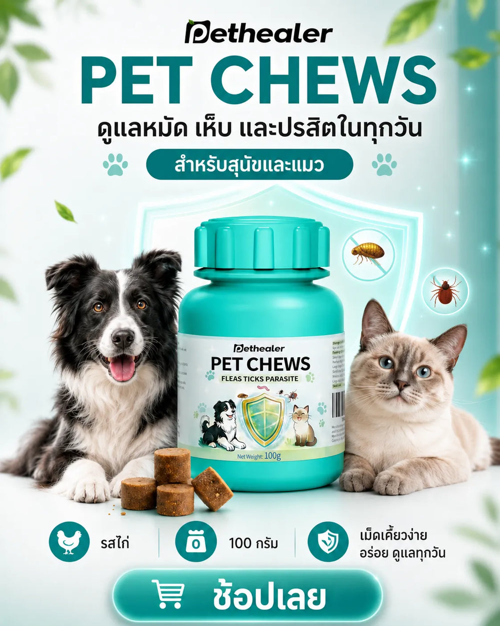 Pethealer PET CHEWS, chicken flavour parasite flea tick chew treats for dogs and cats, 100g pet health supplement