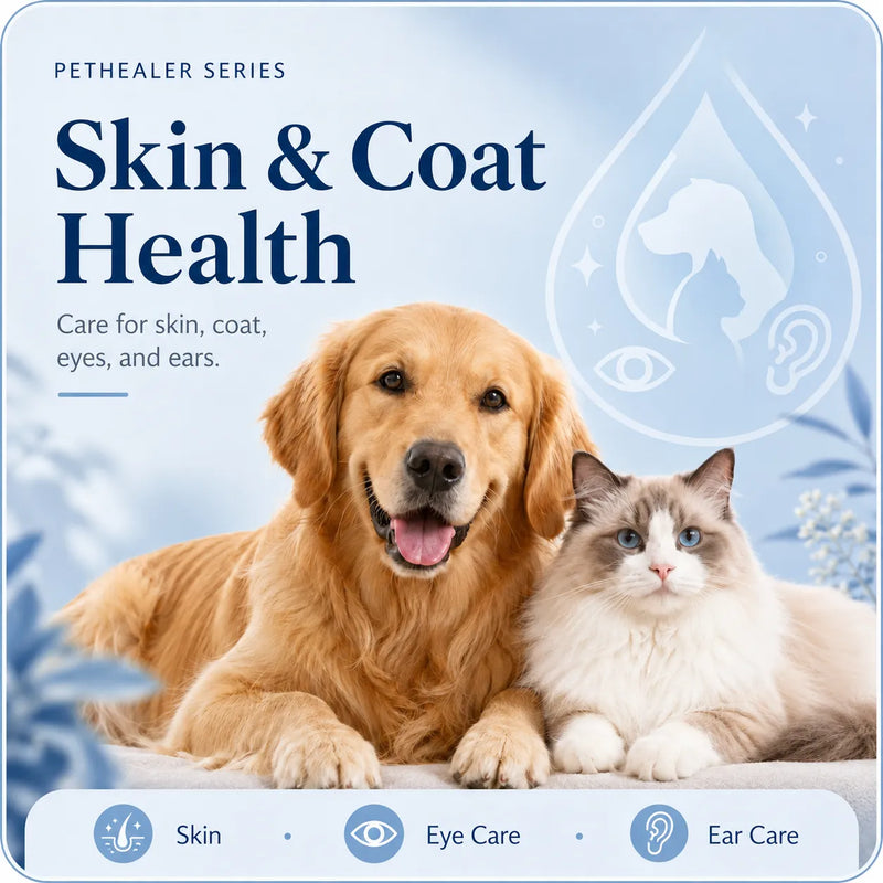 Pethealer skin & coat health banner, golden retriever dog and ragdoll cat, pet skin eye ear care supplement for dogs and cats